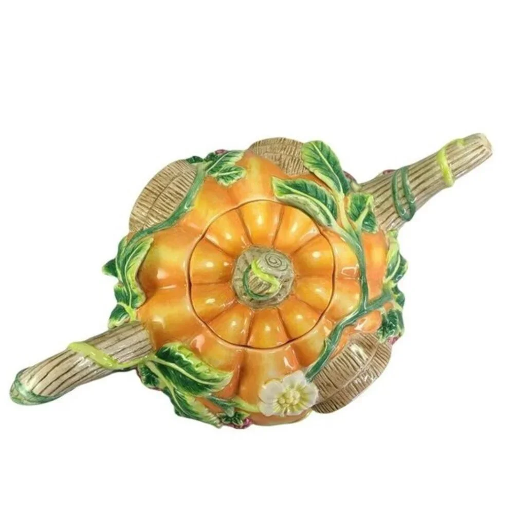 Fitz‎ and Floyd Teapot Its Harvest Time Embossed Handpainted Pumpkin House READ